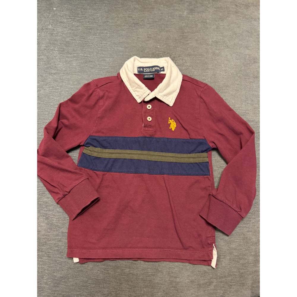 Vintage US Polo Assn Boys‎ Long Sleeve Rugby Shirt Burgundy Stripe 4T Preppy Top